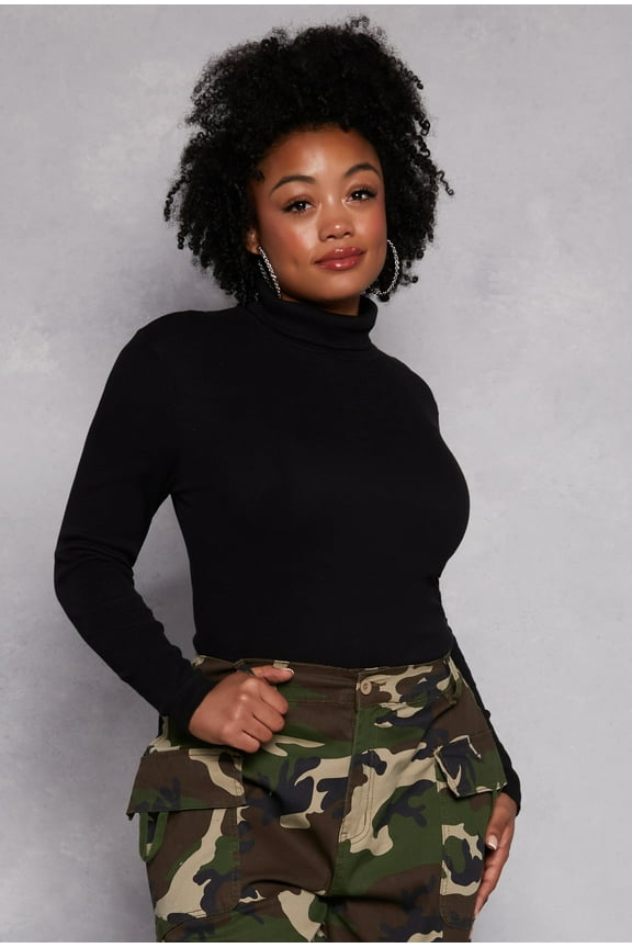 Womens Plus Size Ribbed Knit Long Sleeve Turtleneck Top