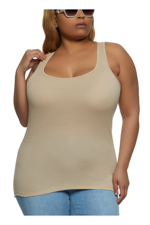 Shops Female Adult Plus Size Ribbed Knit Racerback Tank Top Ambiance, Sleeveless, Scoop Neck, Racerback Tank Top, Solid, Ribbed Knit