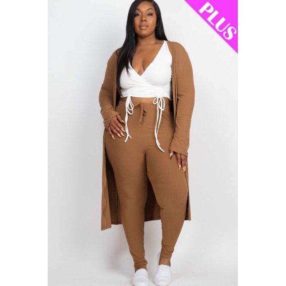 Plus Size Ribbed Long Cardigan  Leggings Set