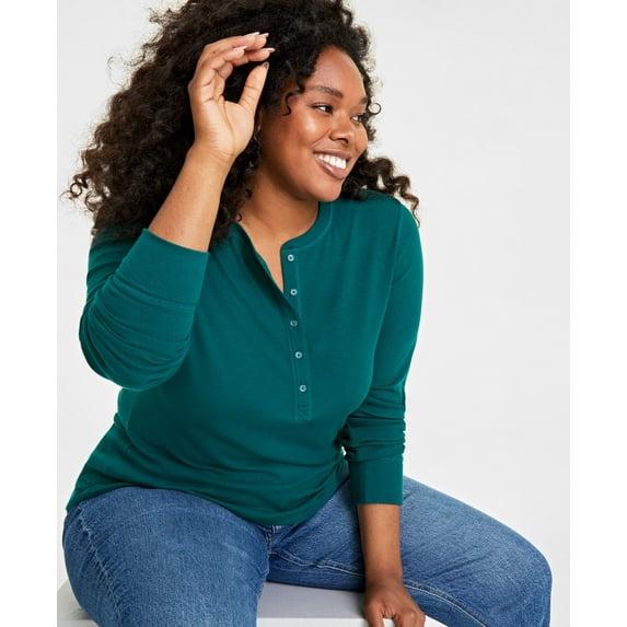 Plus Size Ribbed Long-Sleeve Henley Top Dark Forest 1X