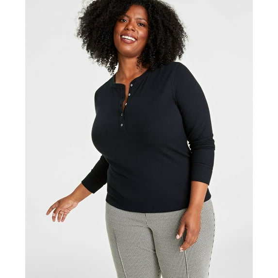 Plus Size Ribbed Long-Sleeve Henley Top Deep Black 3X