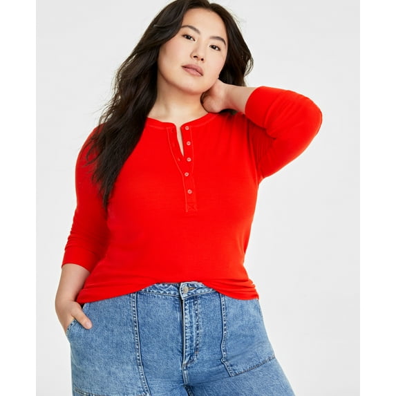Plus Size Ribbed Long-Sleeve Henley Top Fiery Red 1X