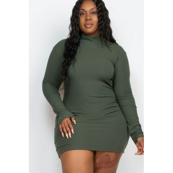 Plus Size Ribbed Long Sleeve Mock Neck Mini Bodycon Dress