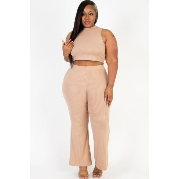 Plus Size Ribbed Mock Neck Crop Tank Top& Bootcut Pants Set