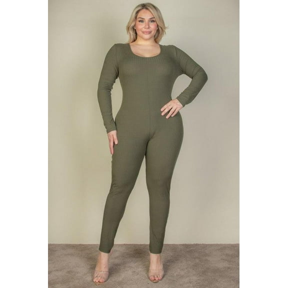 Plus Size Ribbed Scoop Neck Long Sleeve Jumpsuit