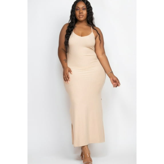 Plus Size Ribbed Side Slit Long Cami Maxi Dress
