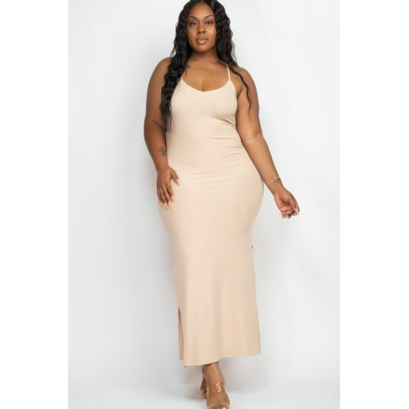 Plus Size Ribbed Side Slit Long Cami Maxi Dress