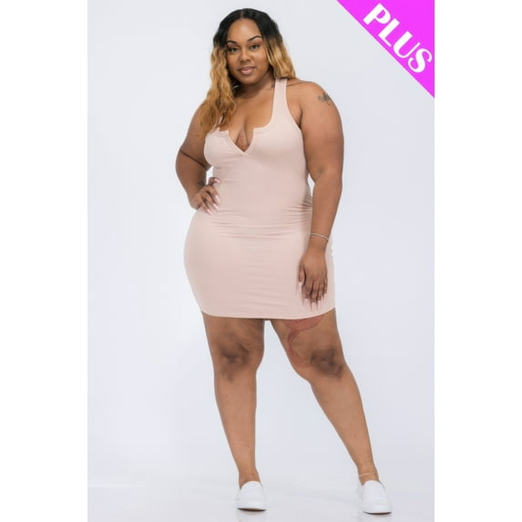 Plus Size Ribbed Split Neck Tank Mini Dress