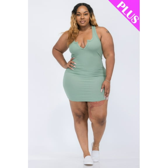 Plus Size Ribbed Split Neck Tank Mini Dress