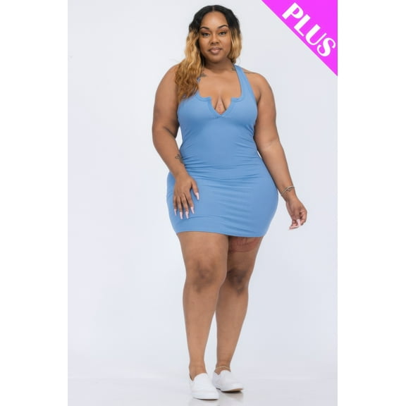 Plus Size Ribbed Split Neck Tank Mini Dress
