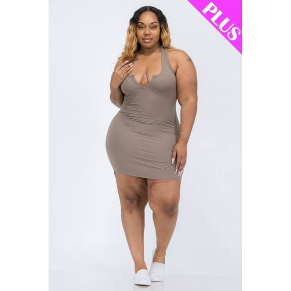 Plus Size Ribbed Split Neck Tank Mini Dress