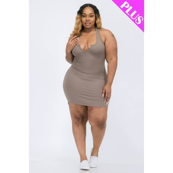 Plus Size Ribbed Split Neck Tank Mini Dress