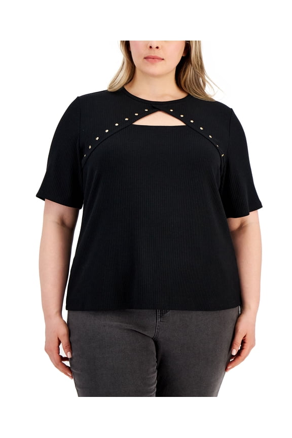 Plus Size Ribbed Studded Top Deep Black 2X