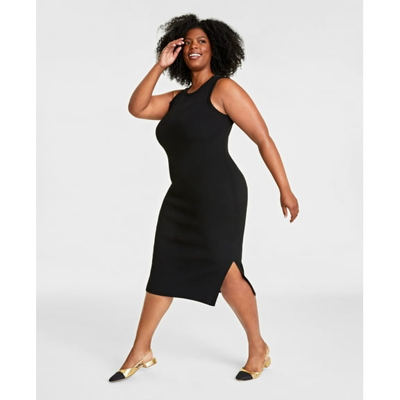 Plus Size Ribbed Sweater Dress Deep Black 2X