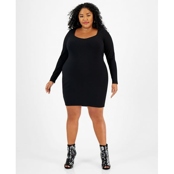 Plus Size Ribbed Sweetheart-Neck Mini Dress Deep Black 1X