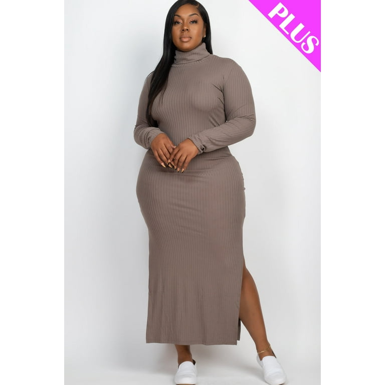 Plus Size Ribbed Turtleneck Maxi Dress with Side Slits