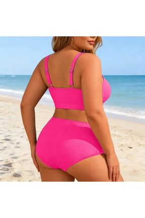 Plus Size Ribbed Two-Piece Swimsuit, V-Neck Double Strap Bikini Top & High Waist Bottom, Tummy Control Bathing Suit for Curvy Women, 6 Colors, Sizes L-4XL