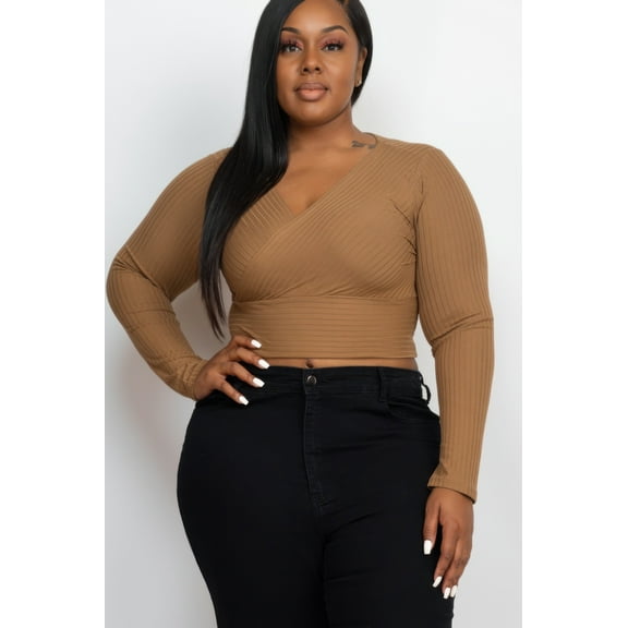 Plus Size Ribbed Wrap Front Long Sleeve Top