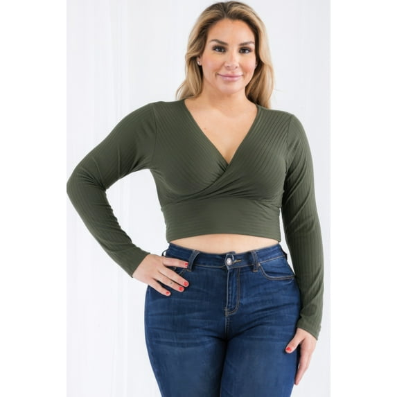 Plus Size Ribbed Wrap Front Long Sleeve Top