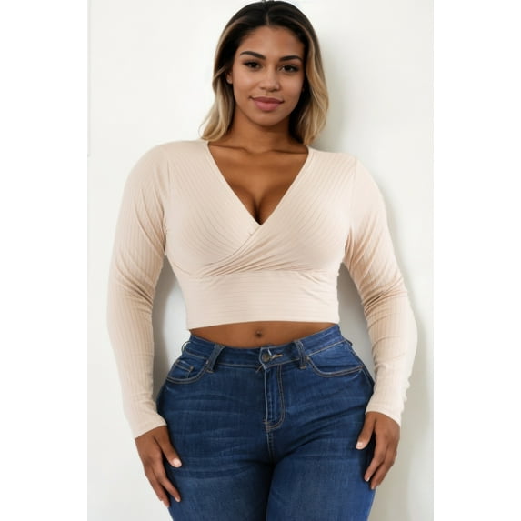 Plus Size Ribbed Wrap Front Long Sleeve Top