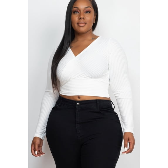 Plus Size Ribbed Wrap Front Long Sleeve Top