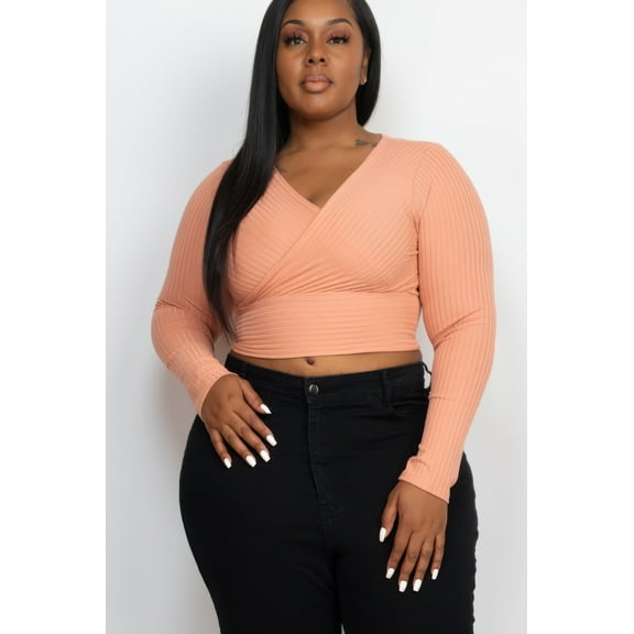 Plus Size Ribbed Wrap Front Long Sleeve Top