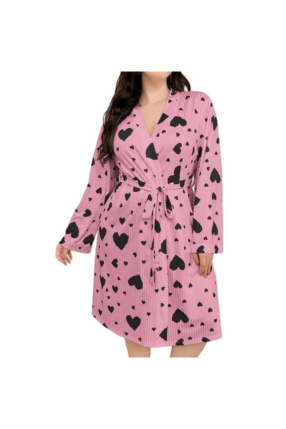 Plus Size Robes for Women Striped Printed Ribbed Knit Bathrobe Lightweight Long Sleeves Kimono Robe Soft Sleepwear