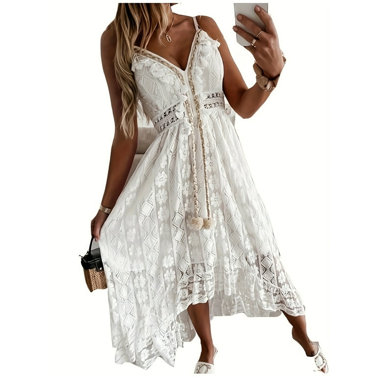White Contrast Lace Maxi Hem Formal Dress
