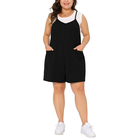 FAB CURVES Plus Size Romper for Women 2025 Summer Casual Sleeveless Spaghetti Strap Shorts Overalls Jumpsuit 1X Black
