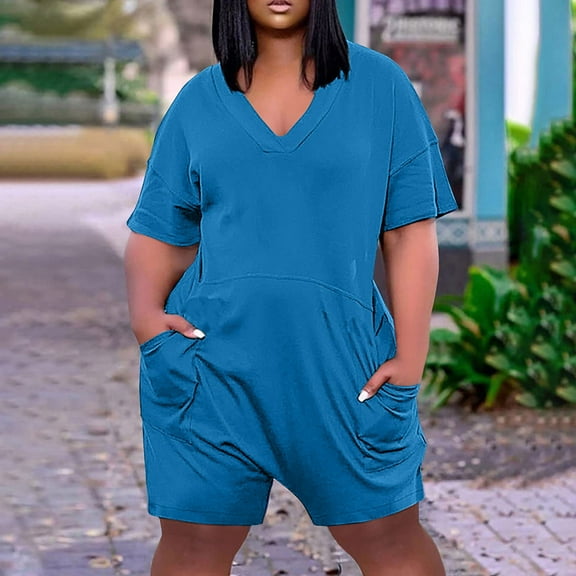 Plus Size Rompers for Women Summer Shorts Jumpsuit with Pockets V Neck Short Sleeve Romper Solid Color Jumpsuit Shorts