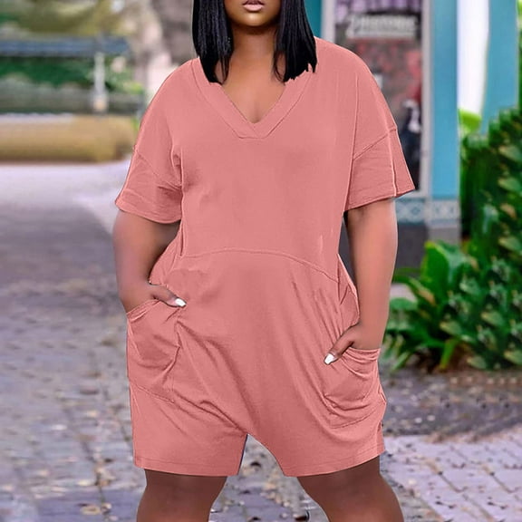 Plus Size Rompers for Women Summer Shorts Jumpsuit with Pockets V Neck Short Sleeve Romper Solid Color Jumpsuit Shorts