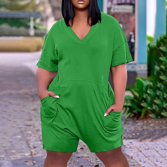 Plus Size Rompers for Women Summer Shorts Jumpsuit with Pockets V Neck Short Sleeve Romper Solid Color Jumpsuit Shorts