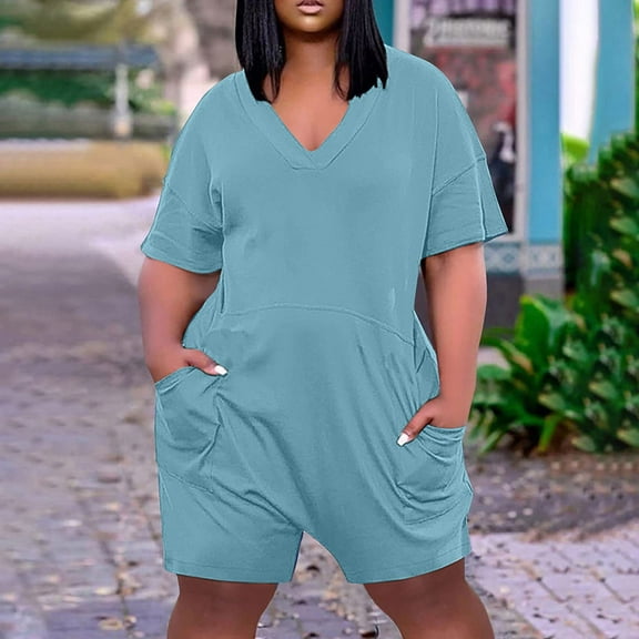 Plus Size Rompers for Women Summer Shorts Jumpsuit with Pockets V Neck Short Sleeve Romper Solid Color Jumpsuit Shorts