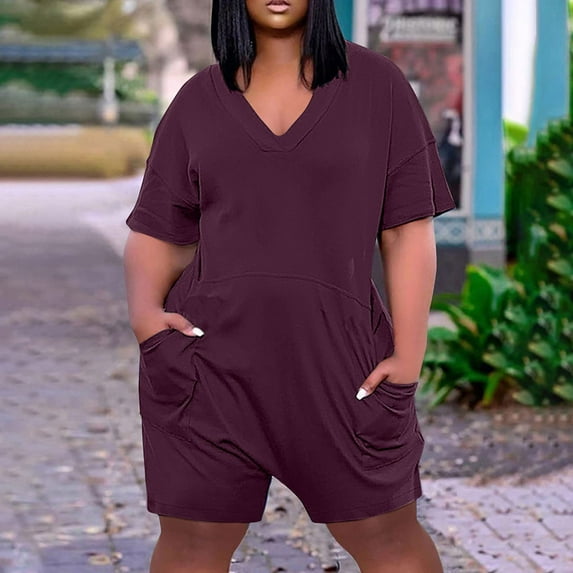 Plus Size Rompers for Women Summer Shorts Jumpsuit with Pockets V Neck Short Sleeve Romper Solid Color Jumpsuit Shorts