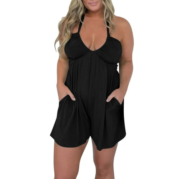 Plus Size Rompers for Women Summer V Neck Backless Overall Shorts Loose Casual Short Jumpsuits with Pockets Loose Jumpsuits for Women Black S