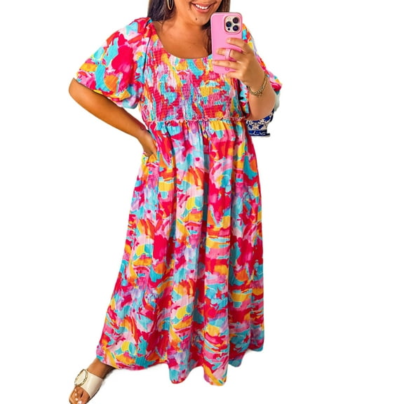 Plus Size Rose Abstract Printed Puff Sleeve Maxi Dress with Smocked Bust and Tied Back - [ZhiHiMeRi] | (US 14W-16W)1X