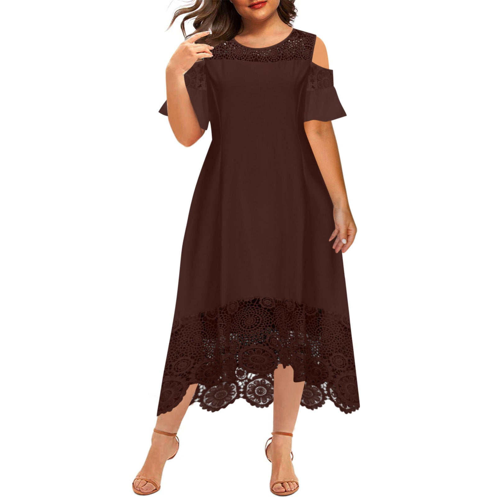 Plus Size Round Neck Dress for Women Lace Midi Dress Short Sleeve Gowns