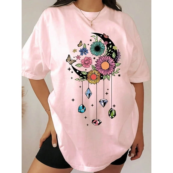 Plus Size Round Neck Flower & Moon Printed Short Sleeve T-Shirt Graphic Tees Women Tops