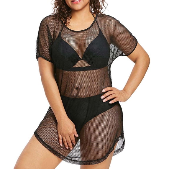 Plus Size Round Neck Short Sleeve Mesh Beach Dresses For Women - Bikini Cover Up Sheer Lightweight Clothing, Summer Sun Style For Pool & Spring 2026 Resort Wear