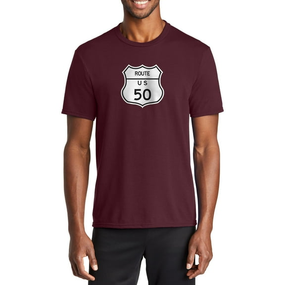 Plus Size Route US 50 Graphic Men's Fan Port & Company Performance Blend Crew Neck T-Shirt - Athletic Maroon XL