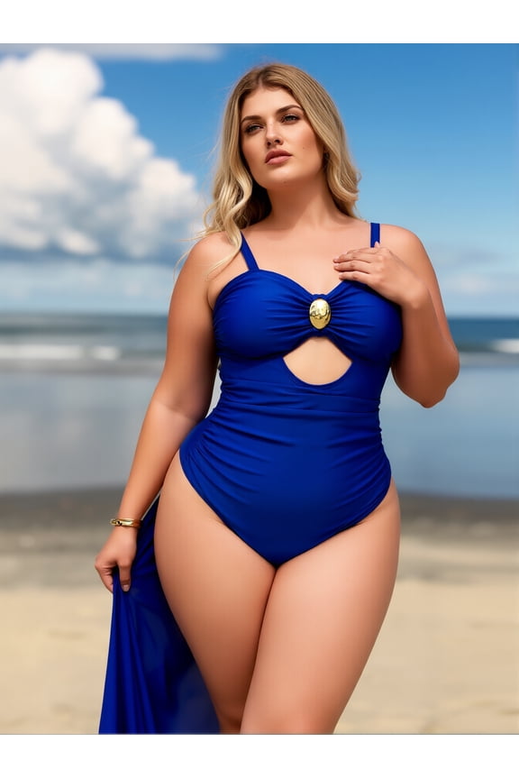 Plus Size Royal Blue Front Gold Button Cutout Tank One Piece