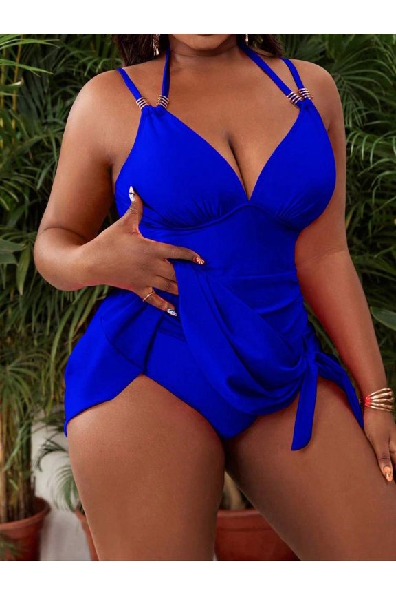 Plus Size Royal Blue Ruched Wrap Side Tie Overlay One Piece Swimsuit, Curvy Tummy Control Resort Swimwear