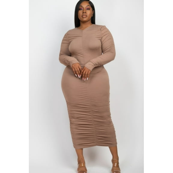 Plus Size Ruched Long Sleeve Midi Dress