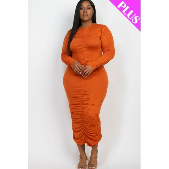 Plus Size Ruched Long Sleeve Midi Dress
