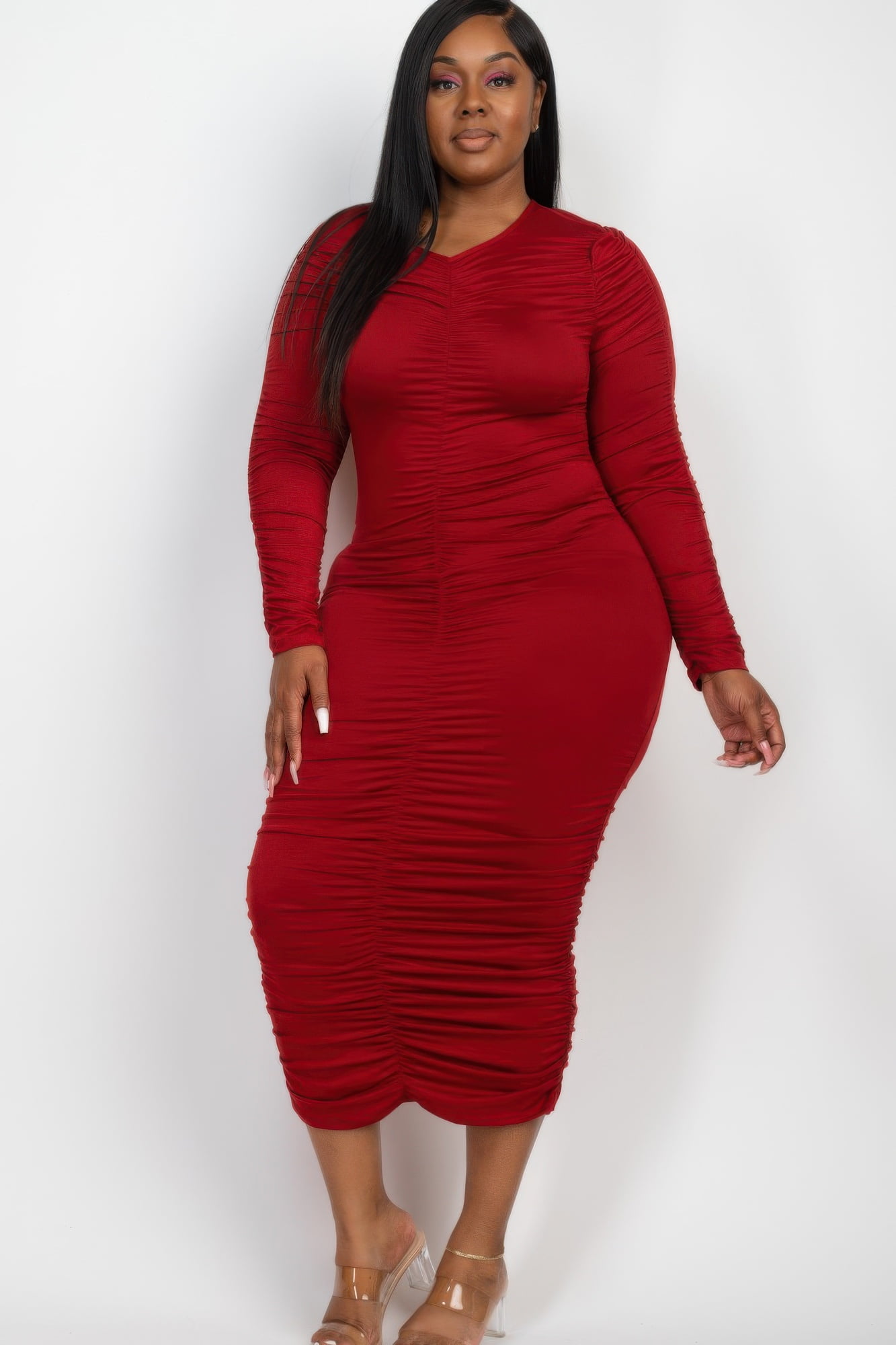 Full Size Ruched Long Sleeve Maxi Dress Plus Size