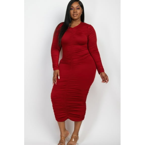 Plus Size Ruched Long Sleeve Midi Dress