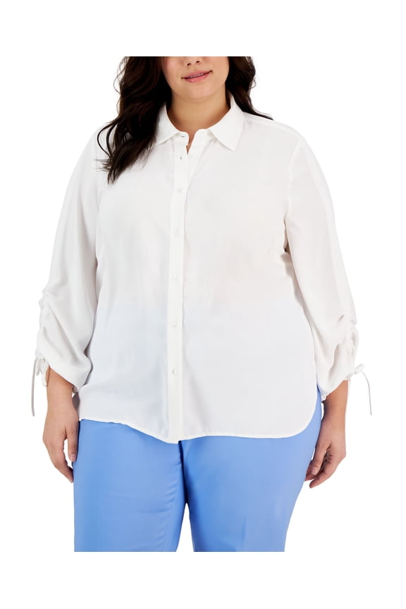 Plus Size Ruched-Sleeve Blouse Anne White 1X