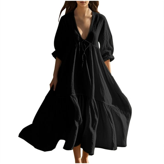 Plus Size Ruffle Dresses for Women Summer Short Sleeve Crew Neck Solid Color Flowy Short Dresses Sundress Black M
