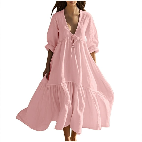 Plus Size Ruffle Dresses for Women Summer Short Sleeve Crew Neck Solid Color Flowy Short Dresses Sundress Pink XXL