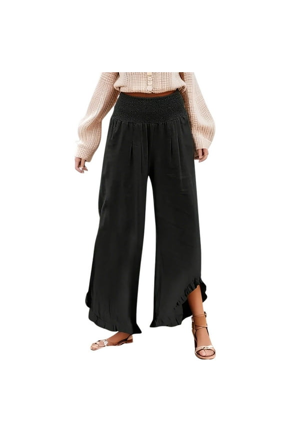 Plus Size Ruffle Hem Wide Leg Trousers Black Linen Pants Women Flowy Beach Pant Lightweight Linen Palazzo Pants for Women Summer Resort Wear Vacation Beachy Travel Pant Casual Gauze Crop Trousers